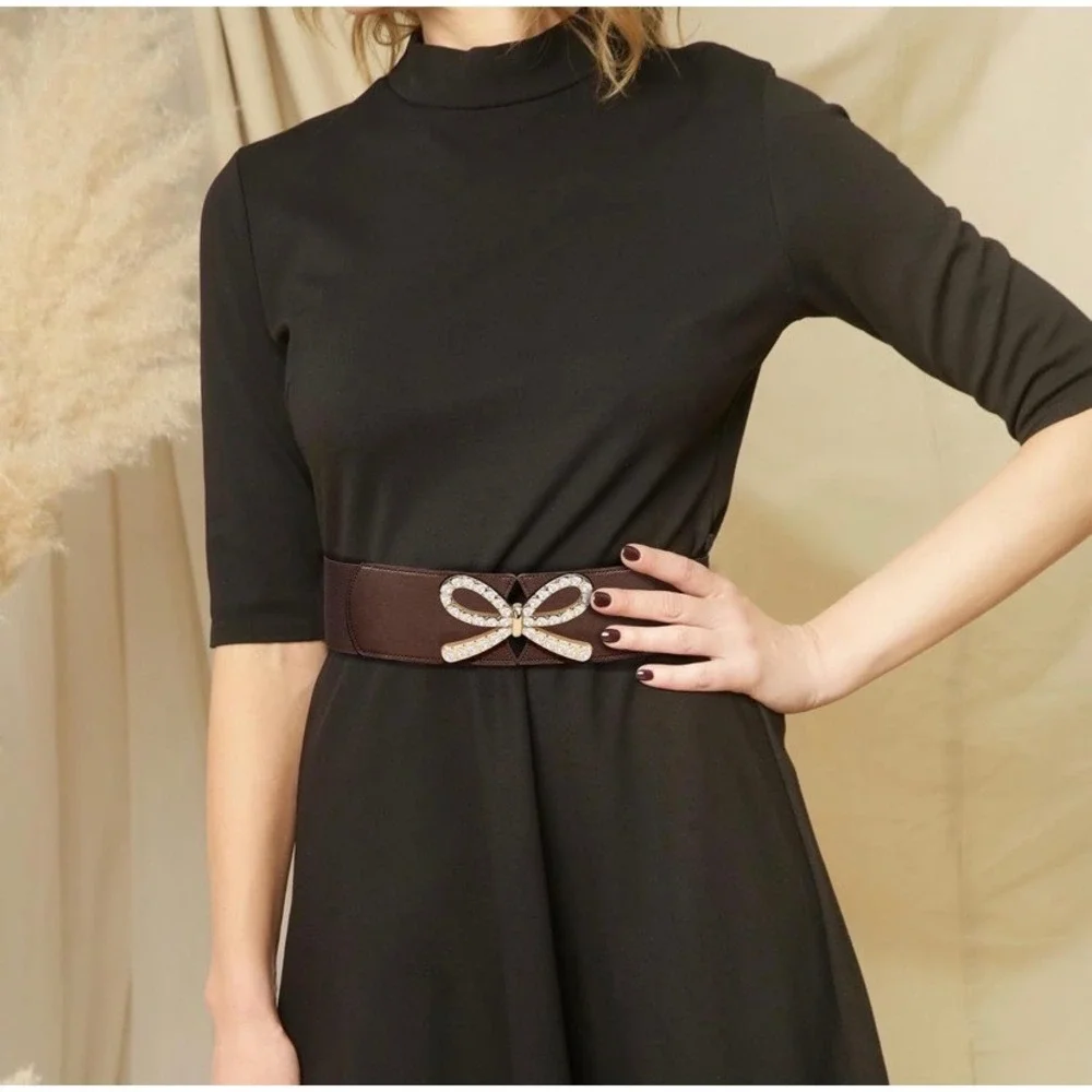 Brown Wide Elastic Cinch Belt Gold Rhinestone Bow Buckle Faux Leather Accent
